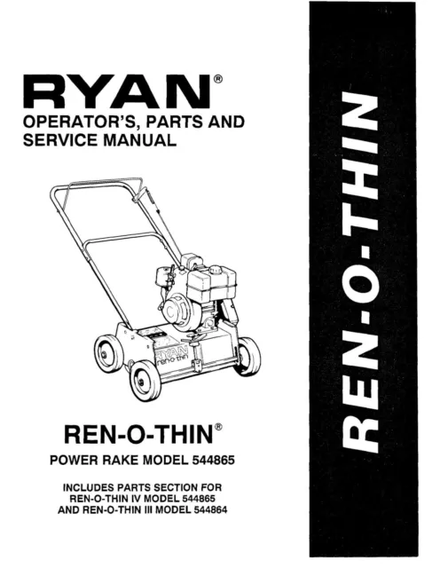 Power Rake Operator Parts & Service Manual Ryan Model 544865 Ren-O-Thin 1992