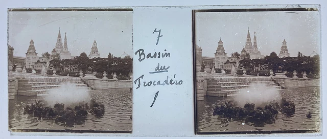 PARIS 1900 EXPO UNIVERSELLE TROCADERO BASSIN PLAQUE VERRE 45x107 STEREOSCOPIQUE
