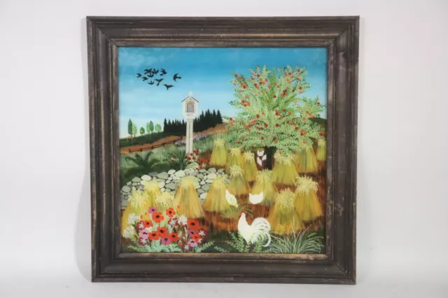 Sommerlandschaft naive Hinterglasmalerei signiert Renate SCHWARZER (1945)(BO768)