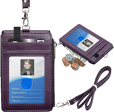 ID Badge Card Holder Vertical Clip Neck Strap Lanyard Necklace Case PU Leather