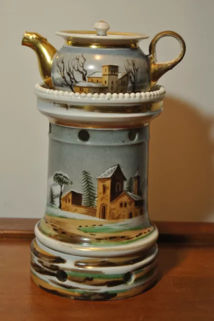 Tisanière ancienne porcelaine Paris 19 siècle XIX décor paysage hivernal hivers