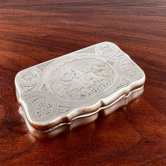 Austrian Empire 835? Silver Snuff Box Engine Turned Bucolic Scene Horse Rider