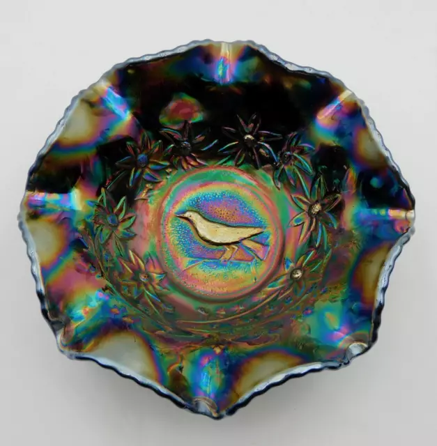 Australian CROWN CRYSTAL Amethyst Iridescent Carnival Glass MAGPIE Nappy Bowl