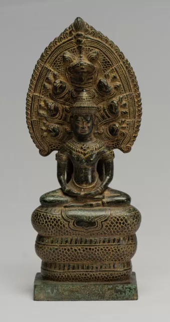 Ancien Khmer Style Bronze Assis Méditation Naga Statue de Bouddha - 30cm/12 "