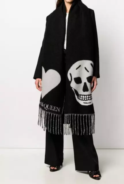 Brand New Alexander McQueen Black Skull & Heart Extra Large Fringed Scarf Shawl