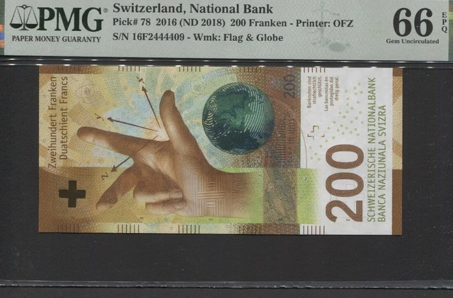 Tt Pk 78 2016 (Nd 2018) Switzerland National Bank 200 Franken Pmg 66 Gem Unc.