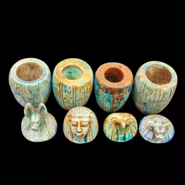Fine Antique Egyptian Faience Set 4 Canopic Jars (Organs Storage Statues)__LARGE 2