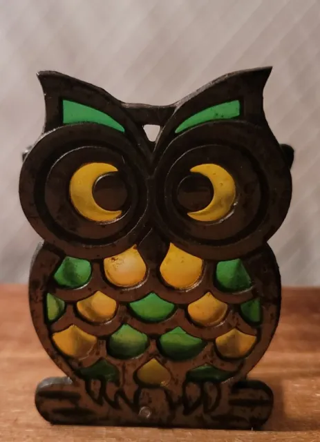 Vintage 1960s-1970s Stained Glass & Cast Iron Owl Napkin Holder
