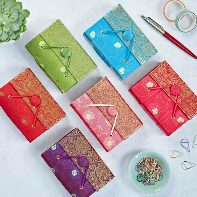 Sari Fabric Pocket Journal Notebook 6 Colours 9cm x 11cm Unlined Recycled Paper