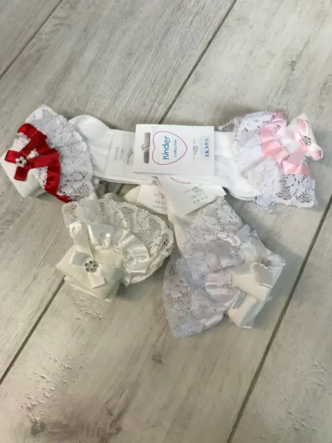 Baby / Girls Large Lace Frilly Sock with Ribbon, Bow and Diamante Detail
