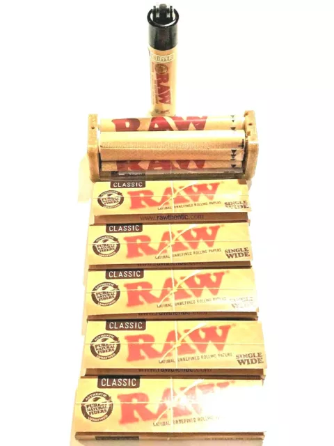 Raw Classic Rolling Papers 70mm Single Wide 5 Packs +Raw Roller 70MM & Clipper.