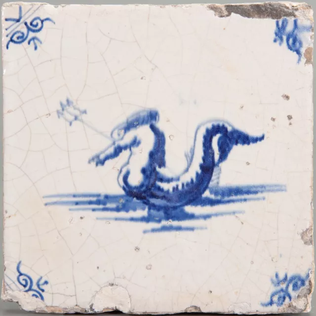 Nice Dutch Delft Blue tile, sea creature, Neptune, 17th century.