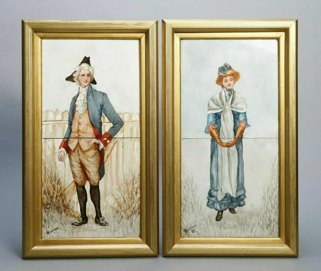 Pair Of Vintage Antique Minton Porcelain Framed Portrait Tiles Siddens