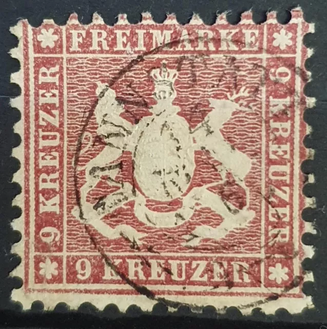 WURTTEMBERG GERMANY 1862 Used 9 Kr Deep Carmine Perf 10 Michel #24 CV €900 VF