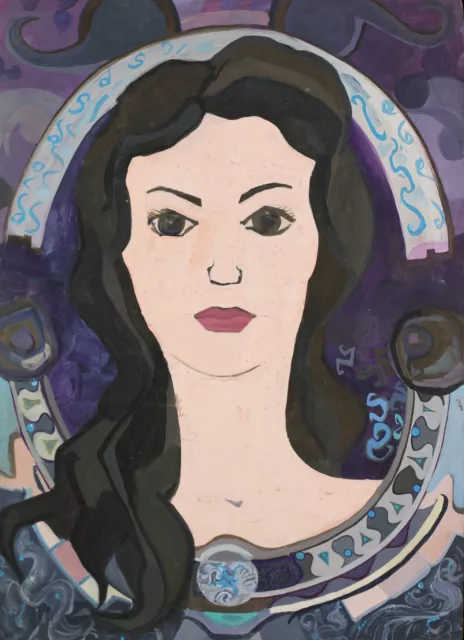 Vintage original gouache painting woman portrait