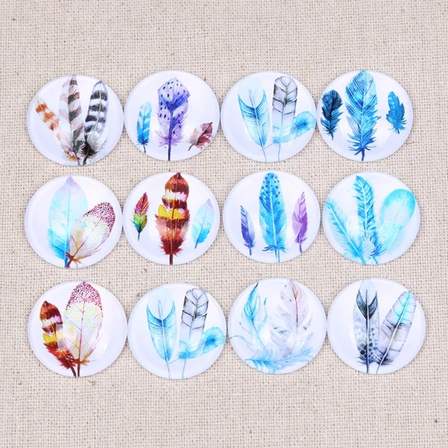 10X Mixed Plume Feather Photo Round Glass Cabochon 8mm~30mm Flat Back Dome Diy