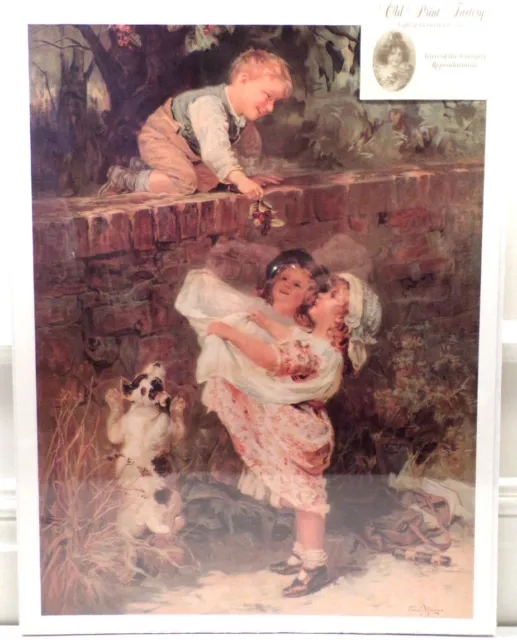 Victorian Lithograph Print Picture "Sweet Treets" Children On A Bridge 12X16