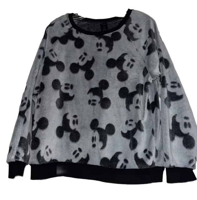 Disney Fleece Sweater Women’s Medium Gray Mickey Mouse Allover Print Sherpa Soft