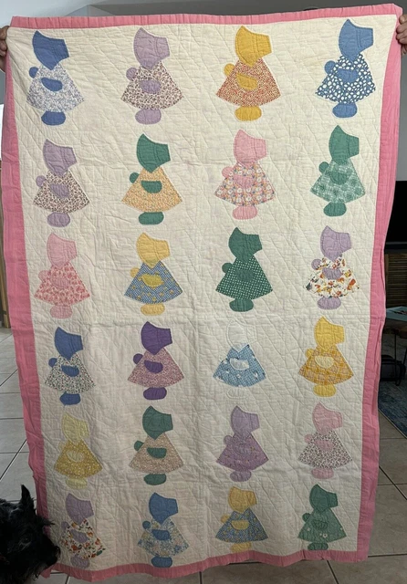 Vtg SUNBONNET SUE 30s/40s Cotton Hand Applique/Hand Quilting 43.5"x63"
