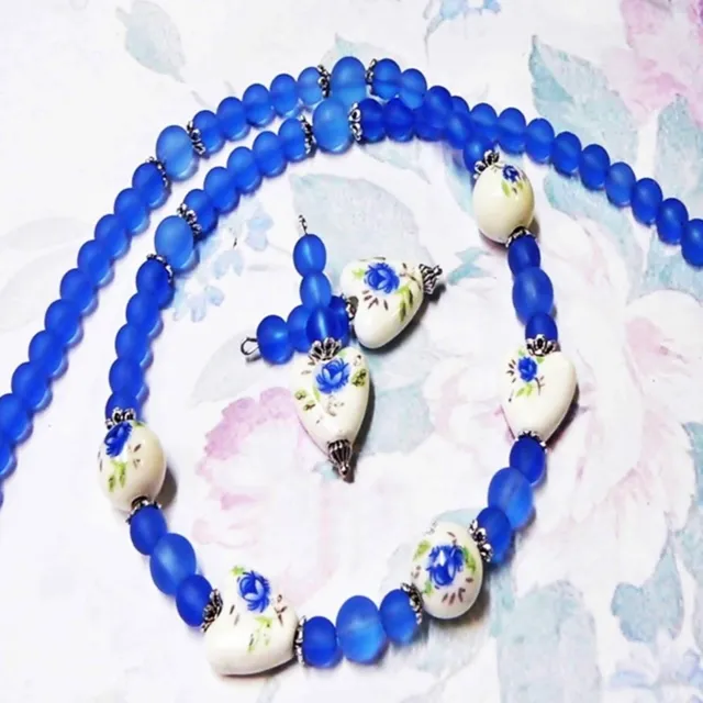 Necklace and earrings, Blue and White Porcelain, choose clip on or pierced