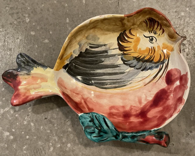 Vintage Italian Pottery Bird on Branch Shaped Hand Painted Signed Plate Bowl