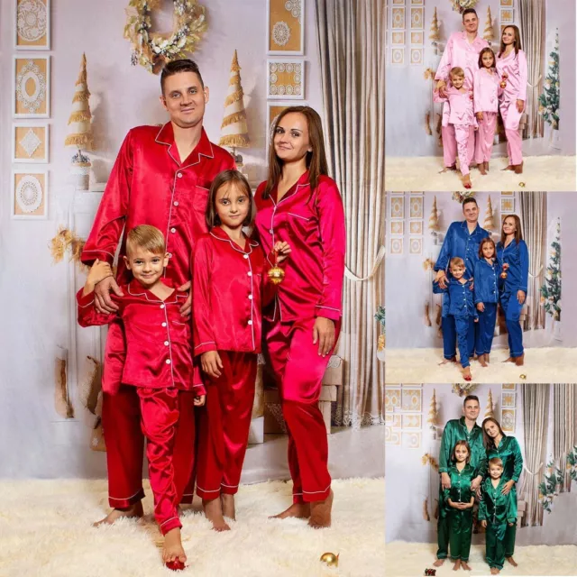 Family Matching Adult Kids Christmas Satin Silk Pajamas PJS Xmas Sleepwear Set