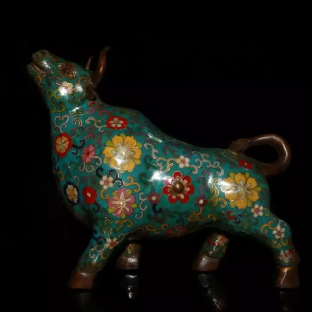 28 cm Chinese Antique Brass animal Statue Old Cloisonne cattle Statue