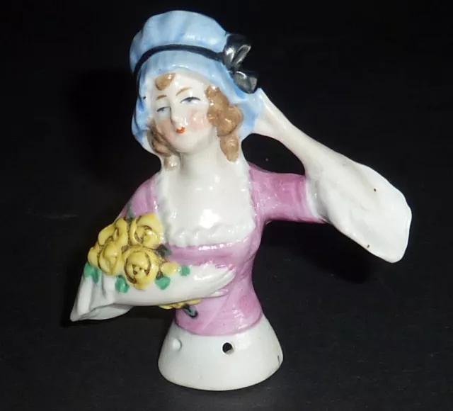 Antique GERMAN porcelain HALF DOLL LADY with BOUQUET arms away 4 pincushion 8cm