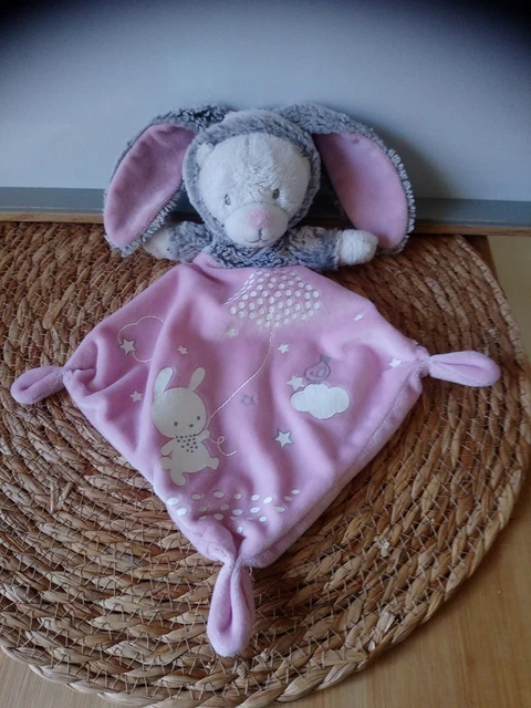 Doudou plat ours déguisé en lapin gris rose blanc étoiles nuage Mots d'enfants