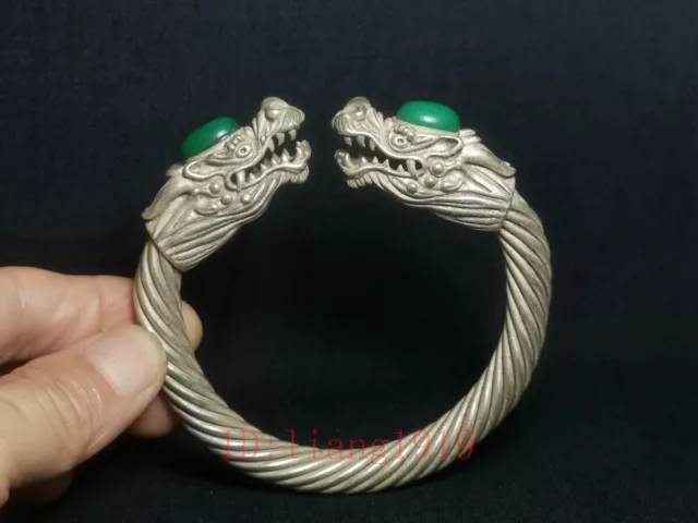 Old Collection Chinese Tibet Silver Handmade dragon Inlaid Jewelry Bracelet gift