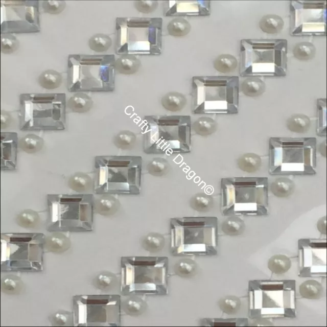 265 x 8mm CLEAR Rhinestone Square & 4mm IVORY PEARL Self Adhesive STRIP ROW GEMS