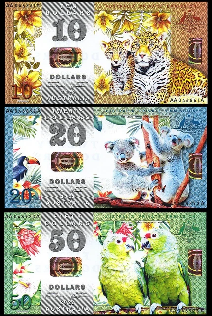 LOT 3 pcs notes OCEANIA 10 20 and 50 dollars 2022 year uncirculated UNC POLYMER.