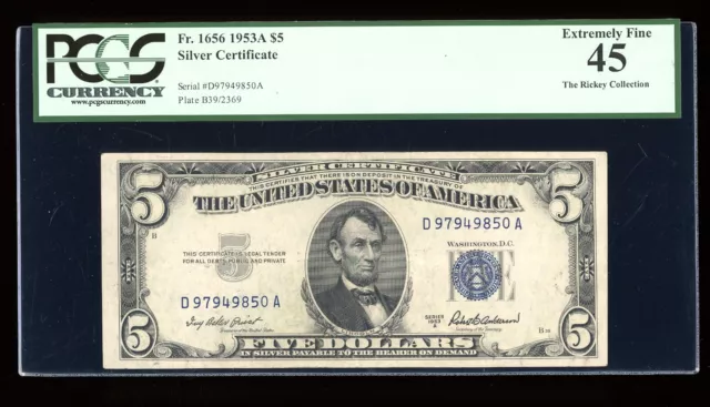 DBR 1953-A $5 Silver Fr. 1656 DA Block PCGS 45 Serial D97949850A