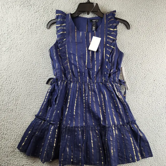 Aqua Lurex Stripe Dress Girls XL Navy/Gold Ruffled Sleeveless Button Hook & Loop