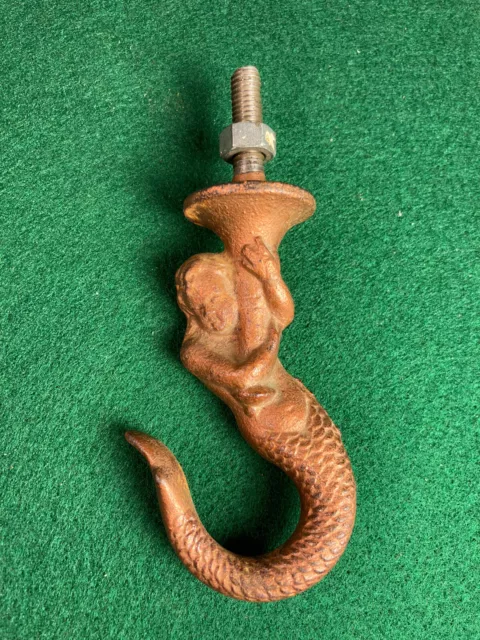 Antique Victorian Cast Iron MERMAID Nude Figural Hook W/ Threaded End