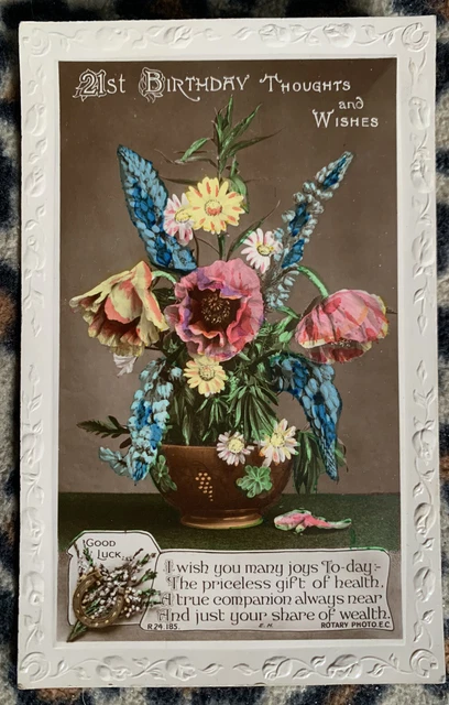 Vintage Post Card -Real Photograph - 21st Birthday Rotary Rajar Bromide Flowers