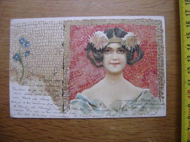 Carte Postale Ancienne 1910 – Art Nouveau Femme Fleurs Tourterelles – France