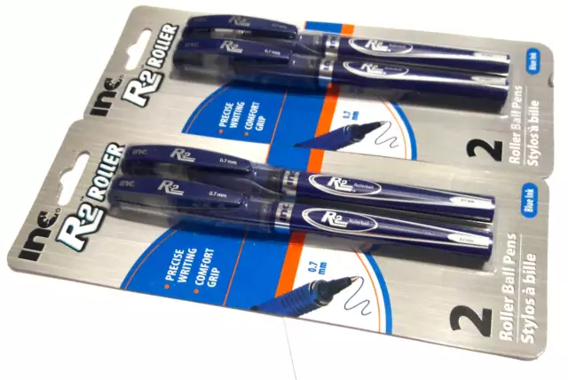 2 PACKS 4 PENS INC® R-2™ ROLLER PRECISE WRITING COMFORT GRIP BLUE INK 0.7 mm
