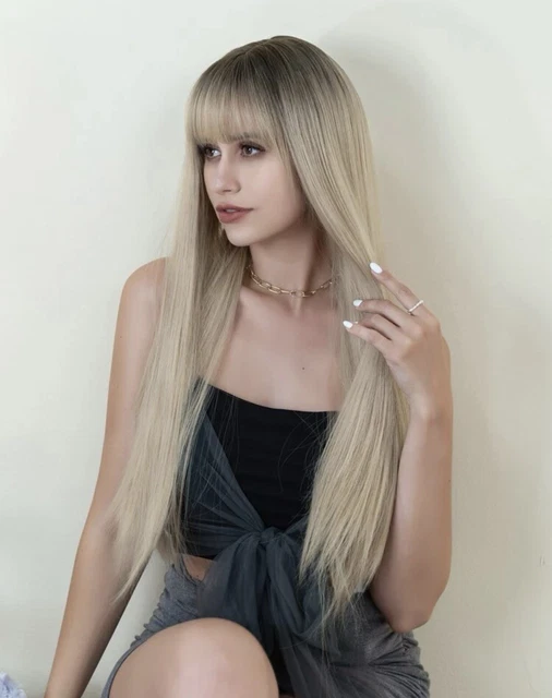 Perruque Synthétique Longue Blond Doré Avec Frange Lisse - Inclut 4 Bonnets - Neuf Sans Étiquettes