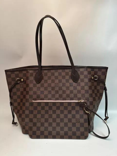 Louis Vuitton Neverfull MM Damier Ebene Tote Shopping Bag w/Zip Pouch Wristlet