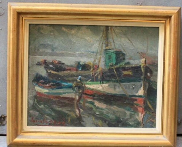 20th Century Impressionist Painting. Marine with boats. Oil on panel