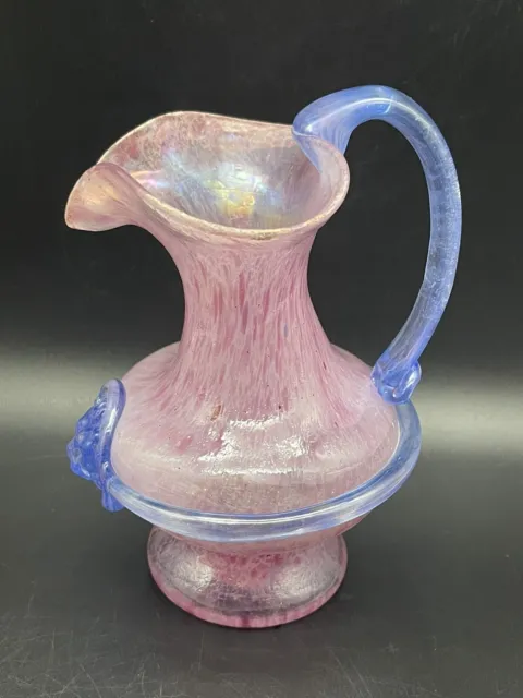 Murano Scavo Hand Blown Iridescent Glass Lion Head Pink Pitcher Vase
