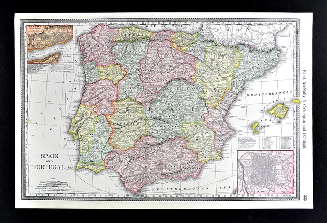 1892 Rand McNally Map Spain Portugal Lisbon Madrid Ibiza Santiago Toledo Large