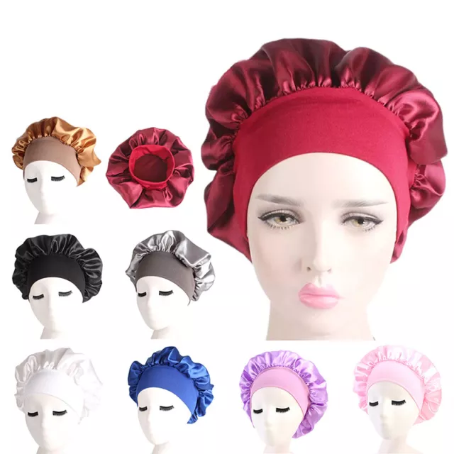 58cm Solid Color Women Satin Bonnet Cap Night Sleep Hat Adjust Shower CapsB~m'