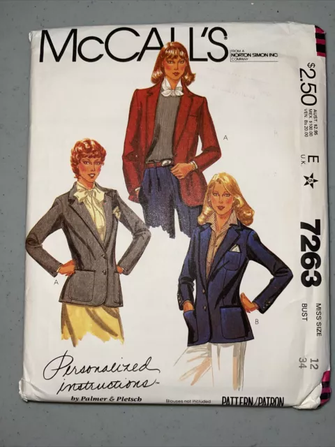 Blazer Jacket Fitted McCalls Sewing Pattern 7263 Size 12 Vtg 80's Palmer UC FF