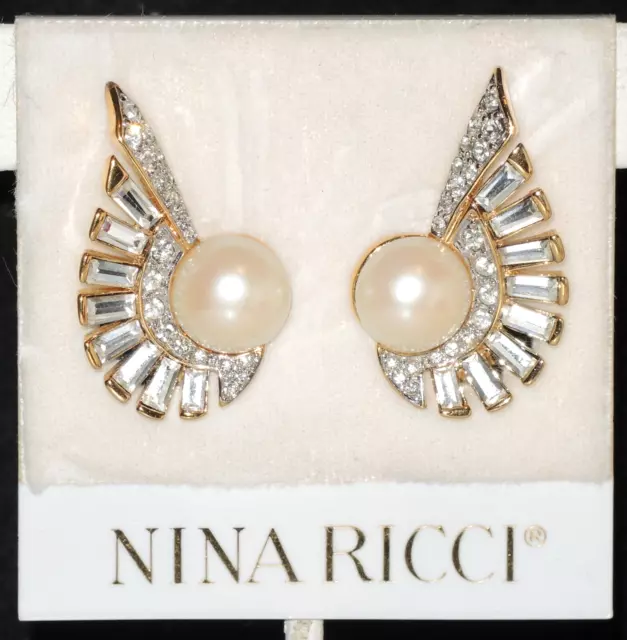 NINA RICCI Gold Plated Clip Earrings with Swarovski Crystals, Pearls, Baguettes