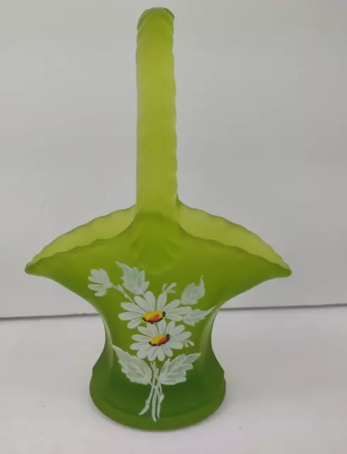 Vintage Westmoreland Green Satin frosted Glass Basket Hand Painted Floral Daisy