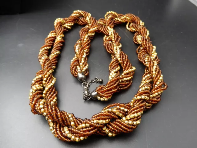 Collier multi rangs perles de rocailles 1970-80 Vintage Tressé 70 cm doré