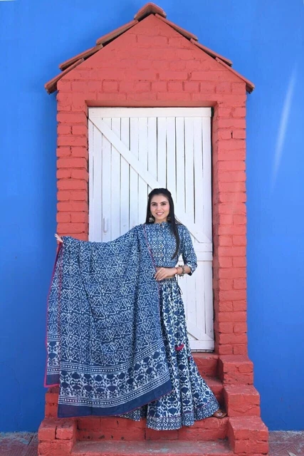 Donna Lehenga Choli Bagru Stampato Top Firmato Gonna Con Mulmul Dupatta