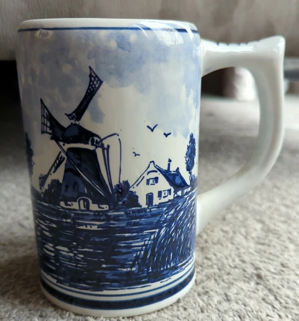 Vintage Delft Blauw Blue and white Hand painted Tankard Flowers, Boats Windmill